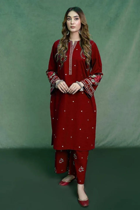 2 Pcs Women's Unstitched Embroidered Suit - Maroon Dhanak
