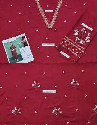 2 Pcs Women's Unstitched Embroidered Suit - Maroon Dhanak
