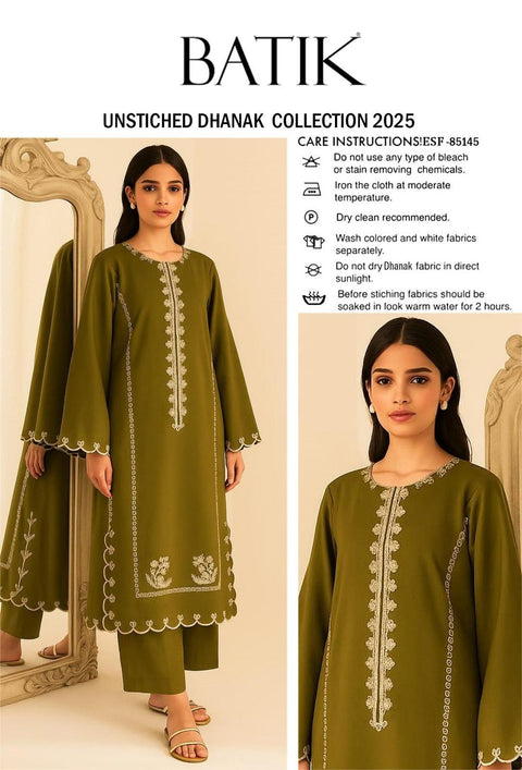 2 Pcs Women's Unstitched Embroidered Suit - Green Dhanak