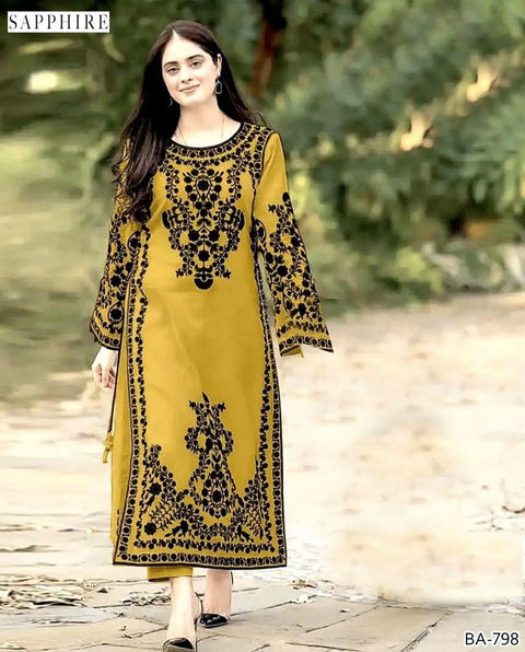 2 Pcs Women's Unstitched Embroidered Suit - Yellow Dhanak