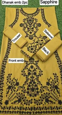 2 Pcs Women's Unstitched Embroidered Suit - Yellow Dhanak