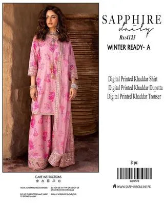 3 Pcs Women's Unstitched Digital Print Suit - Pink Khaddar