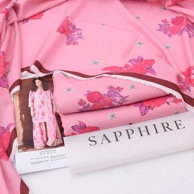 3 Pcs Women's Unstitched Digital Print Suit - Pink Khaddar