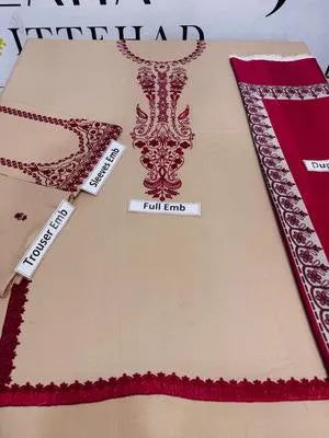 3 Pcs Women's Unstitched Embroidered Suit - Ivory Dhanak with Wool Dupatta