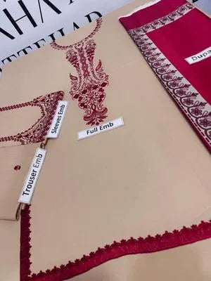 3 Pcs Women's Unstitched Embroidered Suit - Ivory Dhanak with Wool Dupatta
