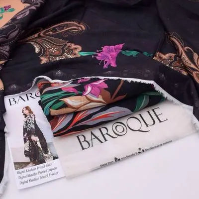 3 Pcs Women's Unstitched Printed Suit - Black Khaddar