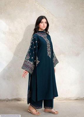 2 Pcs Women's Unstitched Embroidered Suit - Blue Dhanak Embroidered