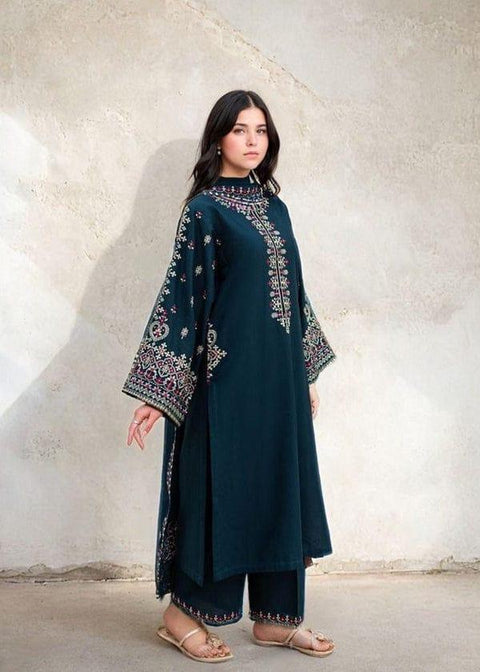 2 Pcs Women's Unstitched Embroidered Suit - Blue Dhanak Embroidered