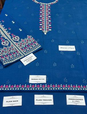 2 Pcs Women's Unstitched Embroidered Suit - Blue Dhanak Embroidered