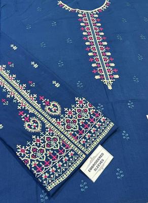 2 Pcs Women's Unstitched Embroidered Suit - Blue Dhanak Embroidered