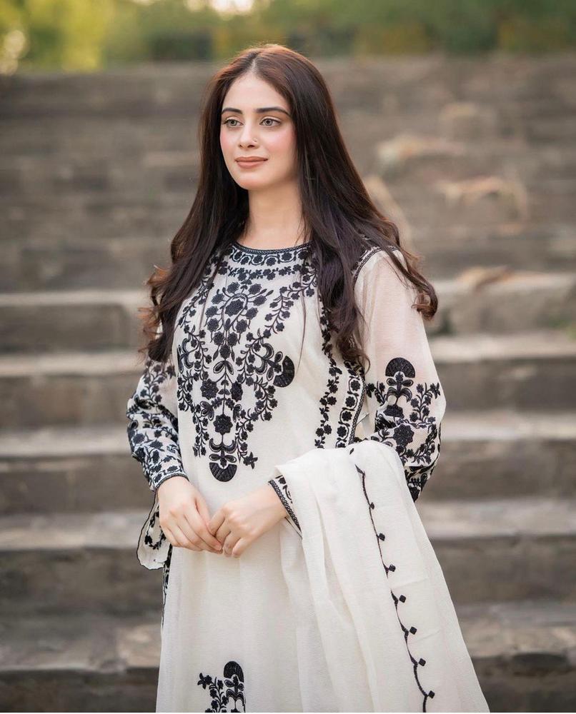 3 Pcs Women's Stitched Organza Embroided Suit